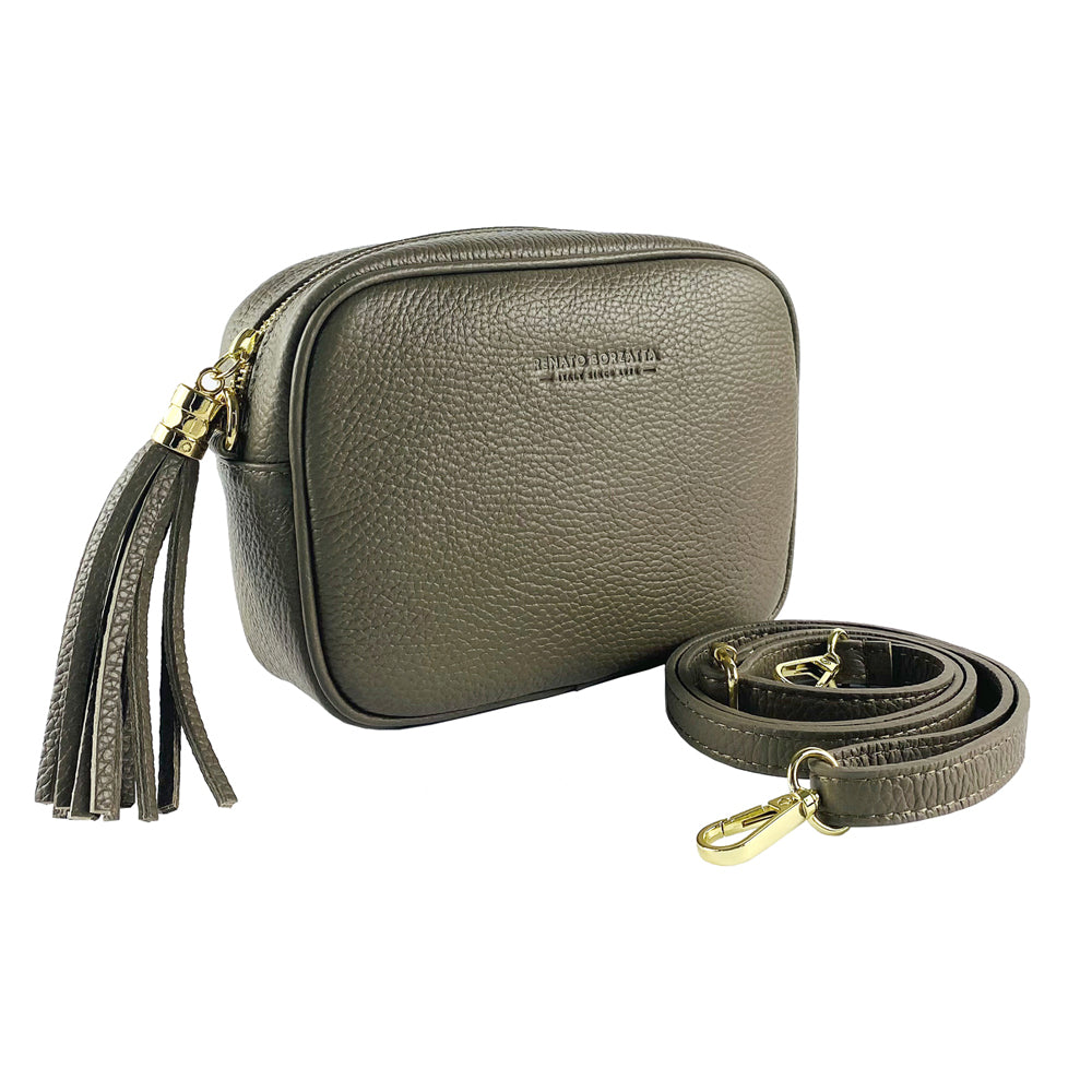 RB1007AQ | Tracollina Donna in Vera Pelle Made in Italy.Tracolla removibile. Attacchi con moschettoni in metallo Oro Lucido - Colore Taupe - Dimensioni: cm 20 x 15 x 7-2