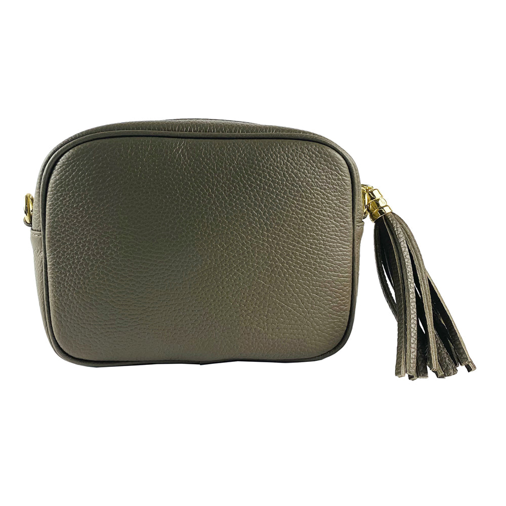 RB1007AQ | Tracollina Donna in Vera Pelle Made in Italy.Tracolla removibile. Attacchi con moschettoni in metallo Oro Lucido - Colore Taupe - Dimensioni: cm 20 x 15 x 7-3