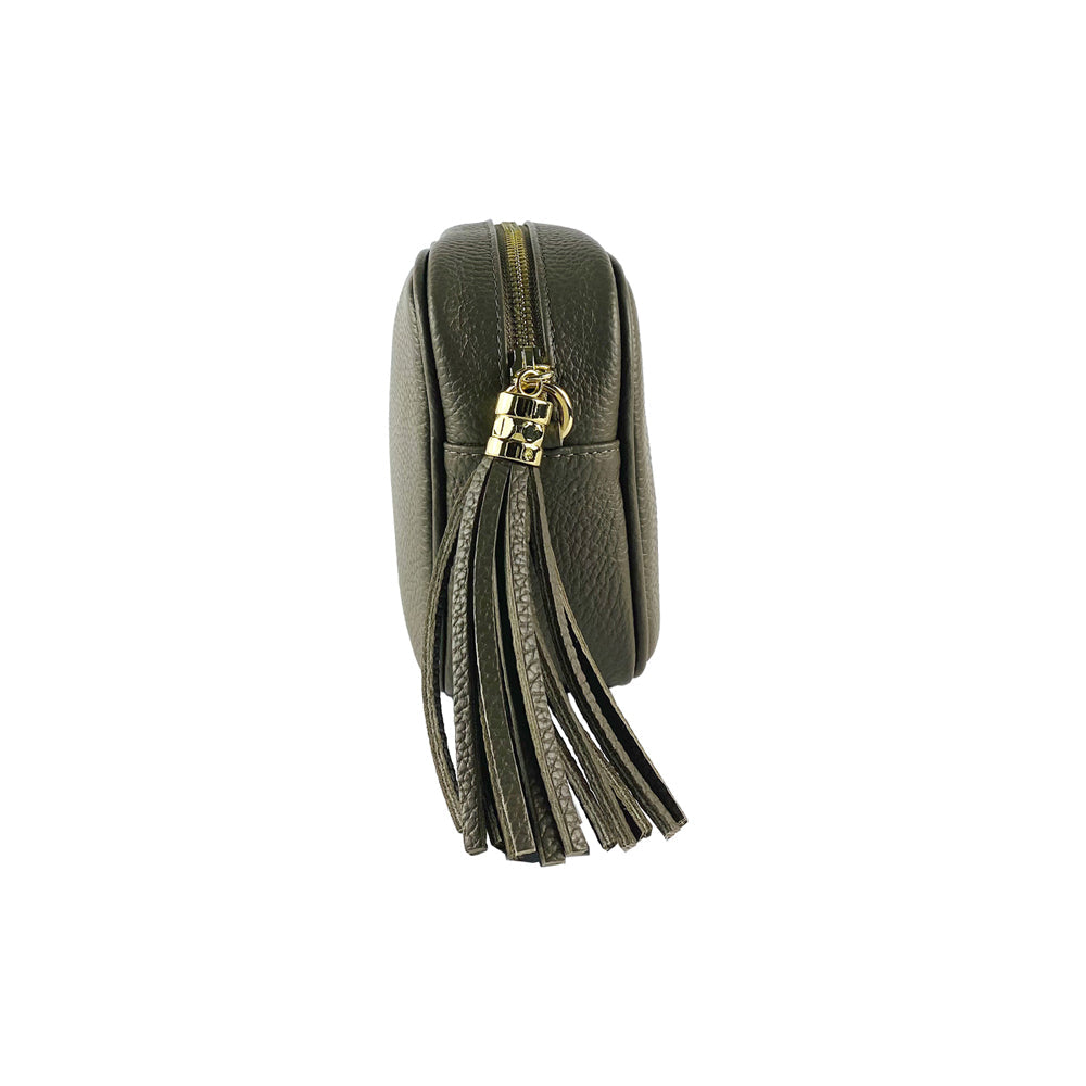 RB1007AQ | Tracollina Donna in Vera Pelle Made in Italy.Tracolla removibile. Attacchi con moschettoni in metallo Oro Lucido - Colore Taupe - Dimensioni: cm 20 x 15 x 7-4