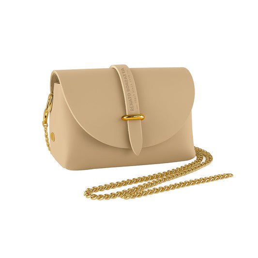 RB1001AL | Borsa Piccola in Vera Pelle Made in Italy con Tracollina removibile e passante di chiusura in metallo Oro Lucido - Colore Beige - Dimensioni: cm 16,5 x 11 x 8-0