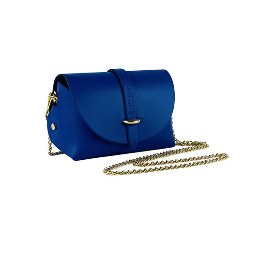 RB1001CH | Borsa Piccola in Vera Pelle Made in Italy con Tracollina removibile e passante di chiusura in metallo Oro Lucido - Colore Blu Royal - Dimensioni: cm 16,5 x 11 x 8-0